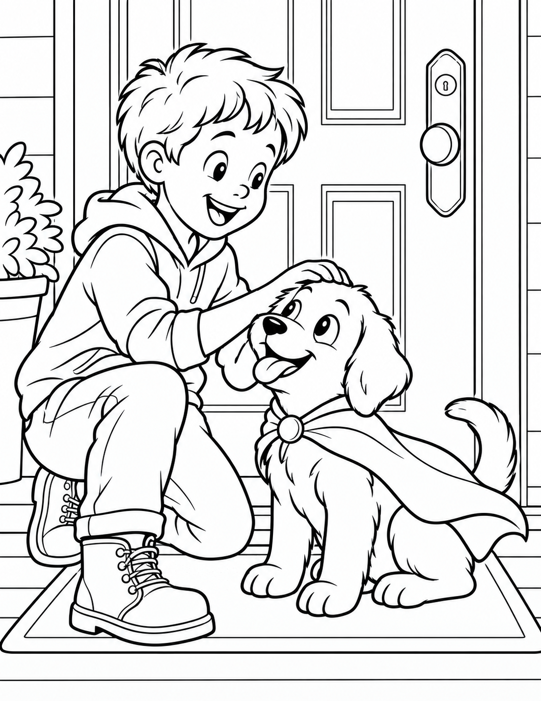 A puppy in a simple superhero cape beside a child's boots at a home doorway. tall cape and doorway carry the height.