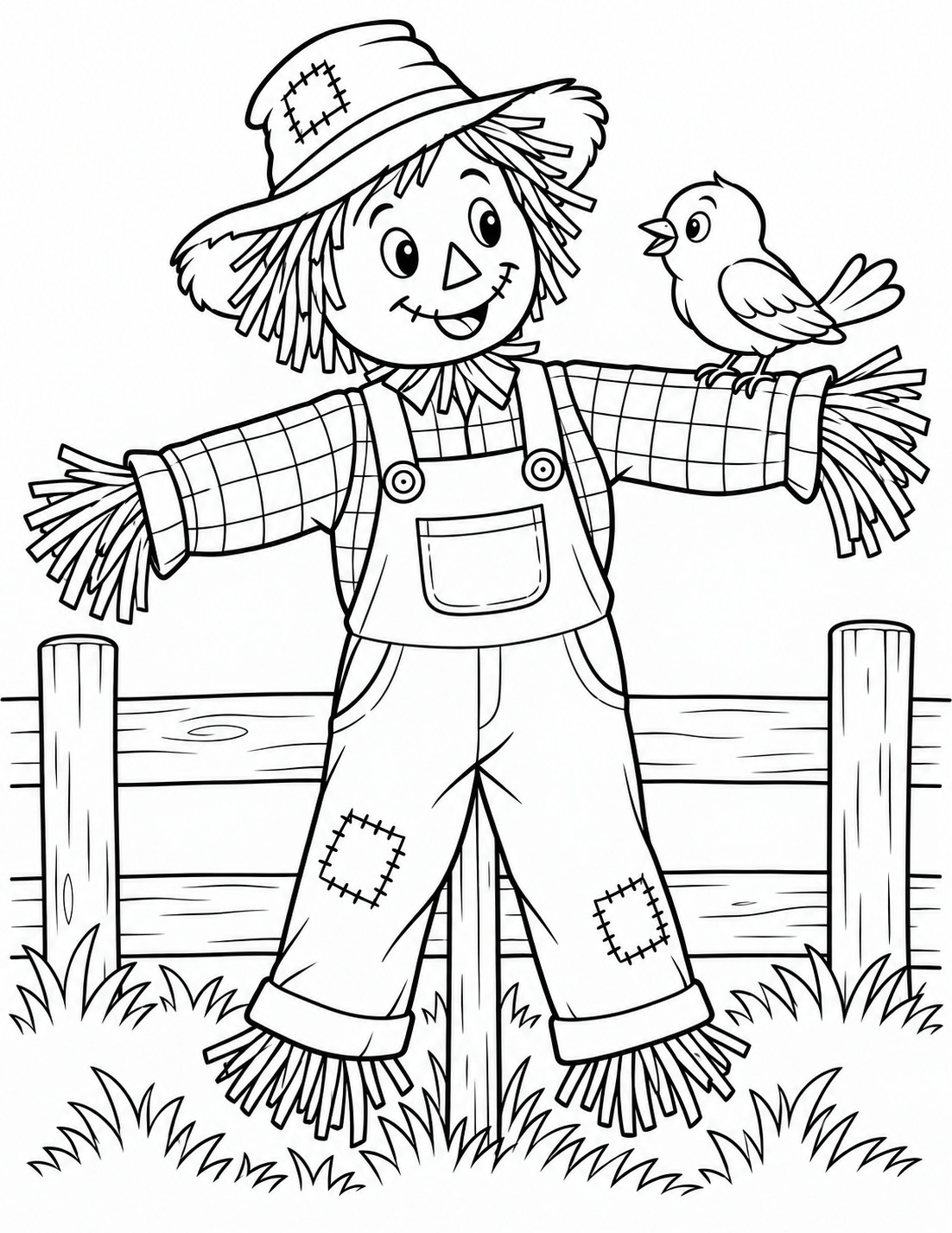 A friendly scarecrow with a bird resting on one arm. simple clothing panels, no intricate cornfield.