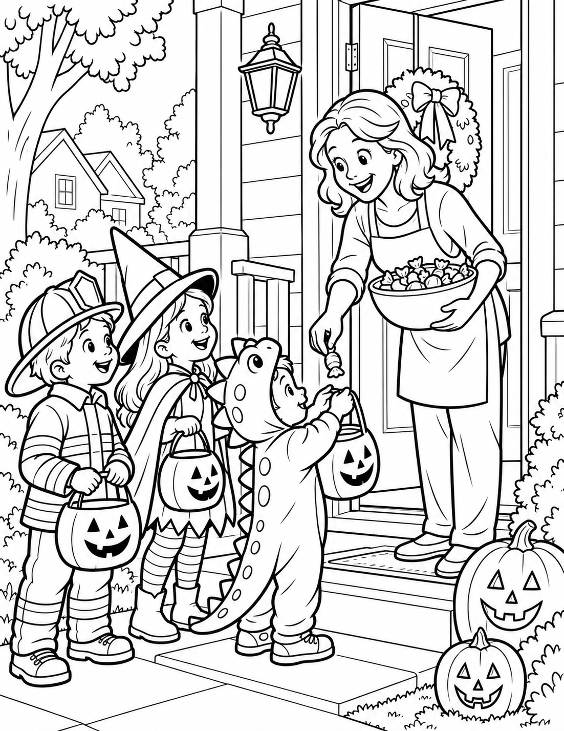 A neighborhood costume gathering viewed at child height. a few contrasting costumes and a believable porch approach.