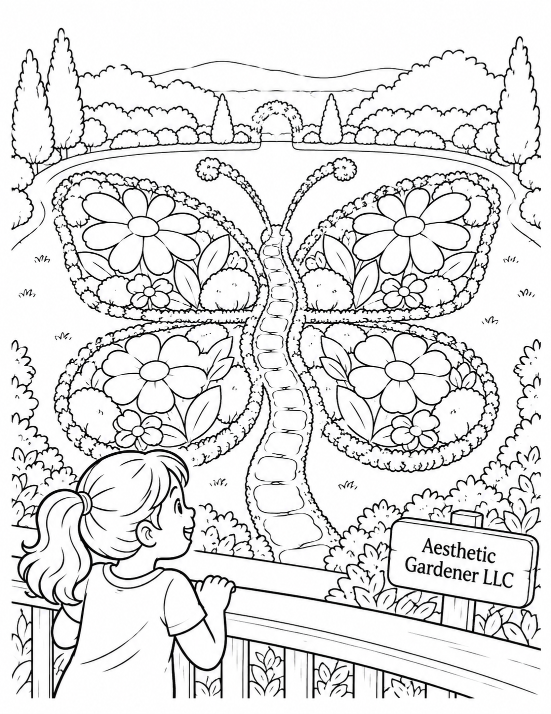 From a small overlook, a child discovers that the curved flower beds below form the wings of one enormous butterfly-shaped garden.