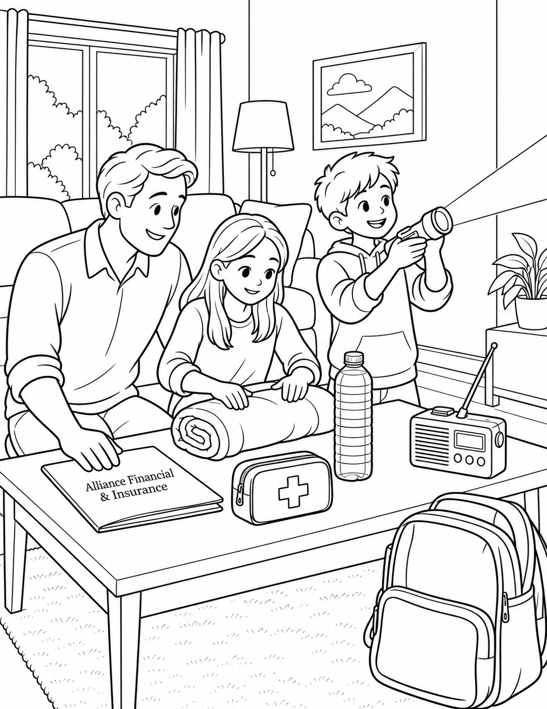 A parent and two children gather a flashlight, blanket, water, radio and first-aid pouch beside an empty backpack.