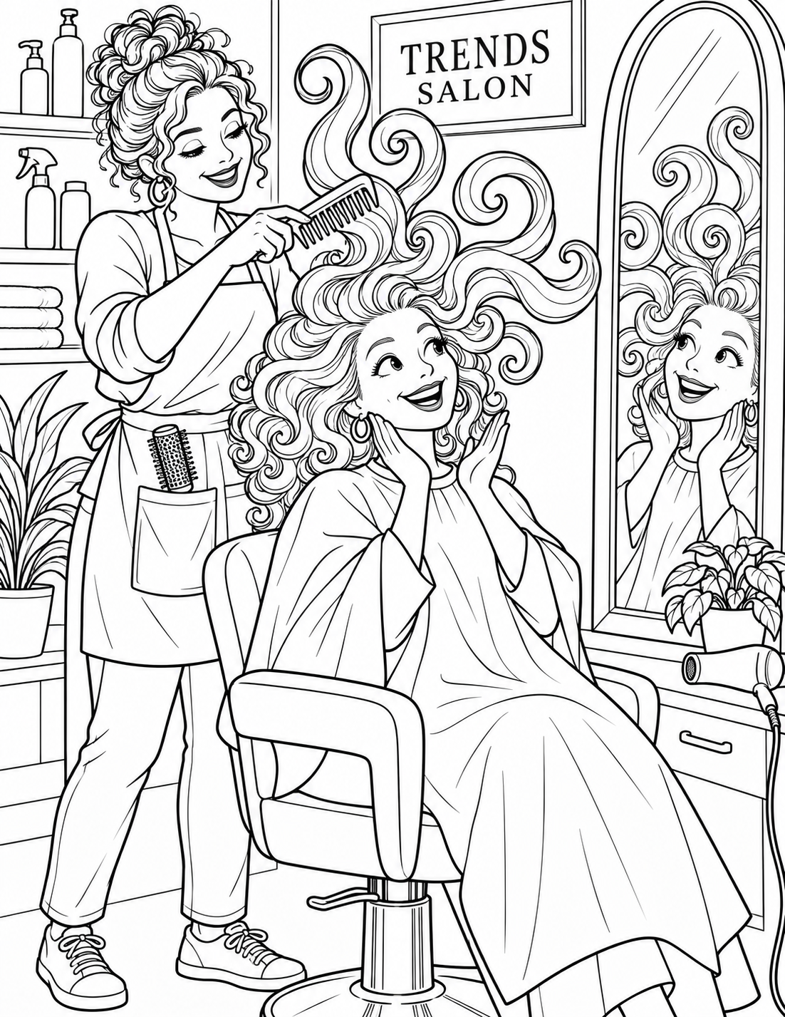 An adult guest watches a stylist shape an enormous playful crown of loose curls in the salon mirror; a few curl loops form big open coloring areas.