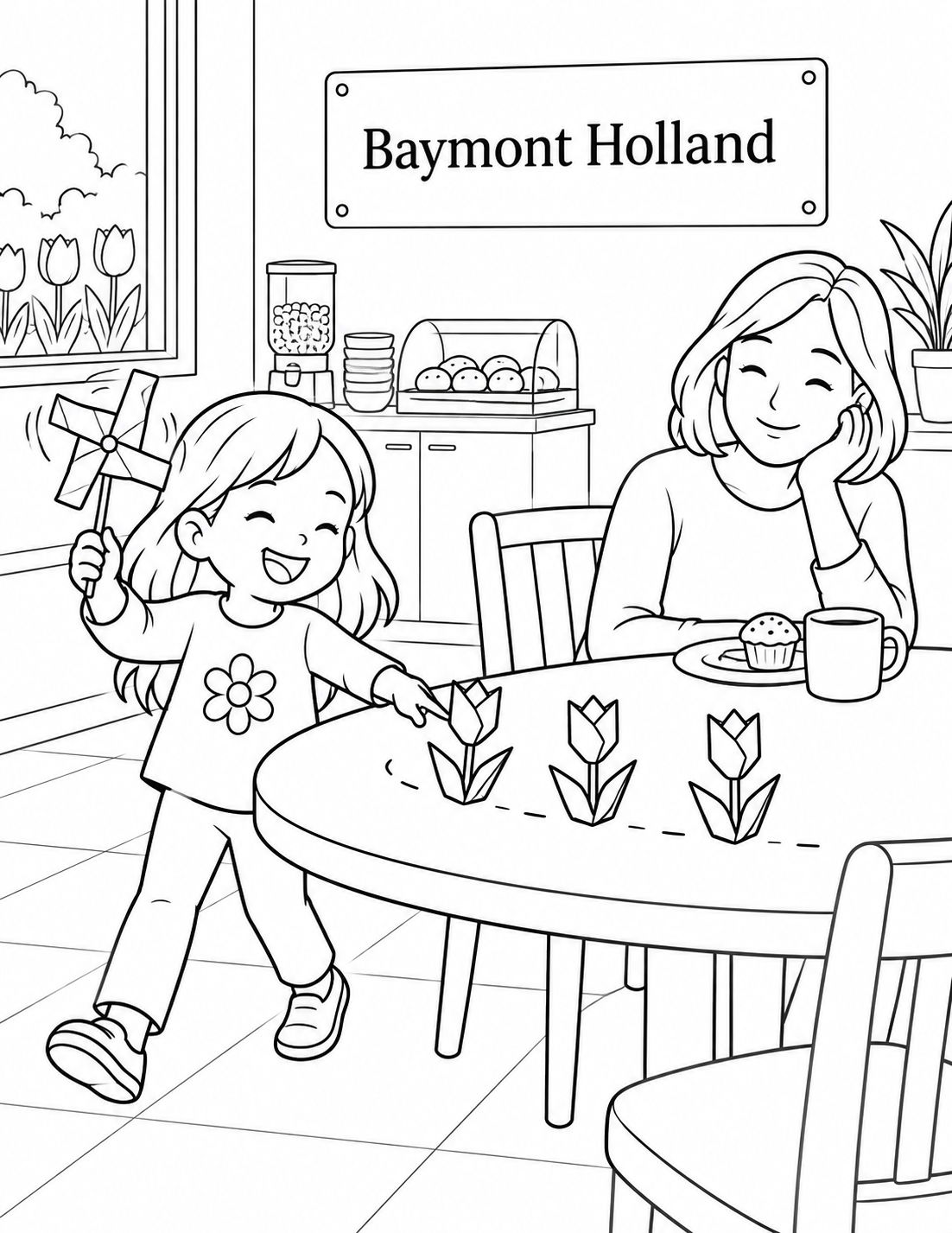 In the hotel breakfast nook, a child leads a tiny parade of folded paper tulips around one table setting while a pinwheel turns in the child's hand.