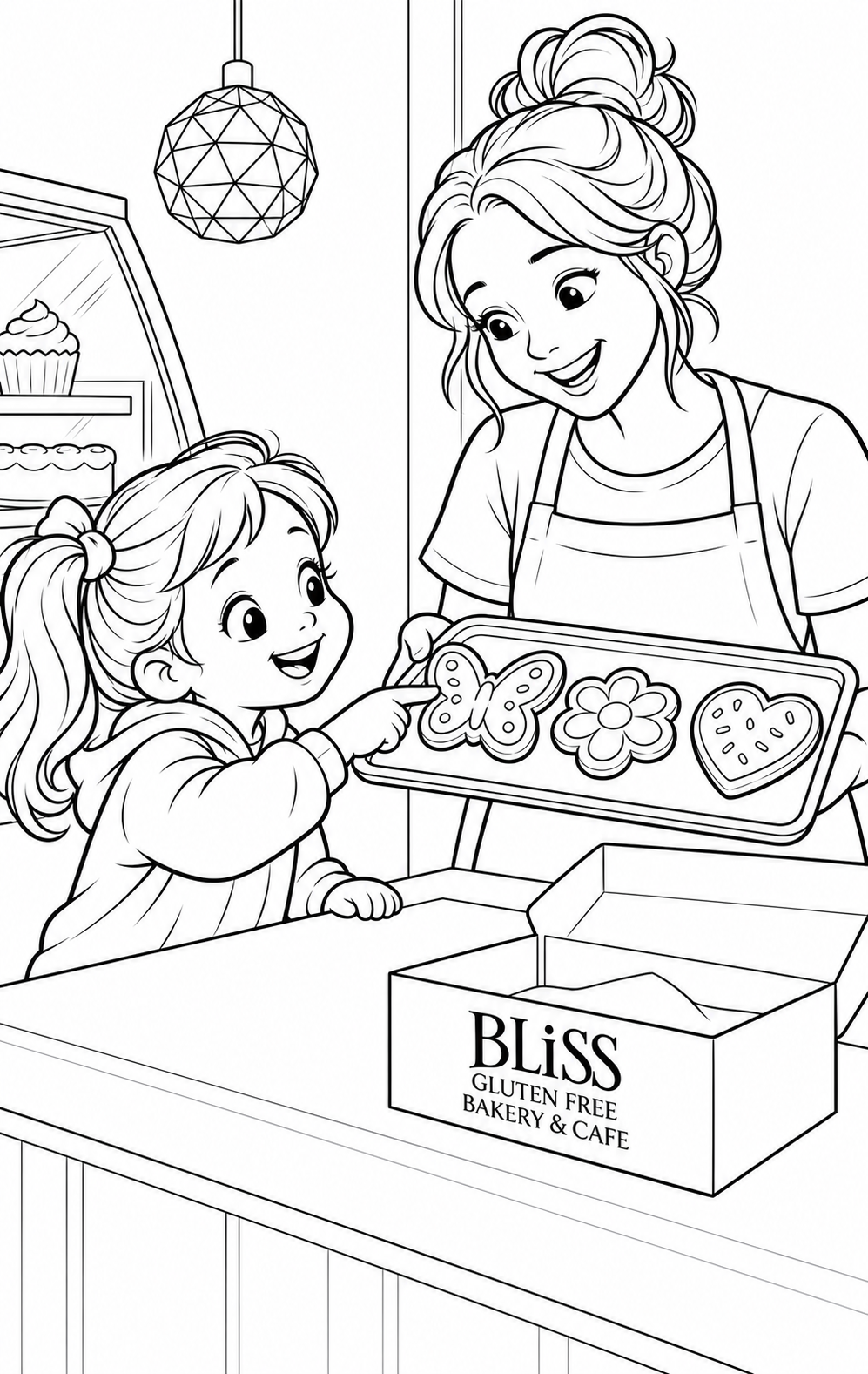 A young child chooses a butterfly cookie at Bliss Bakery.