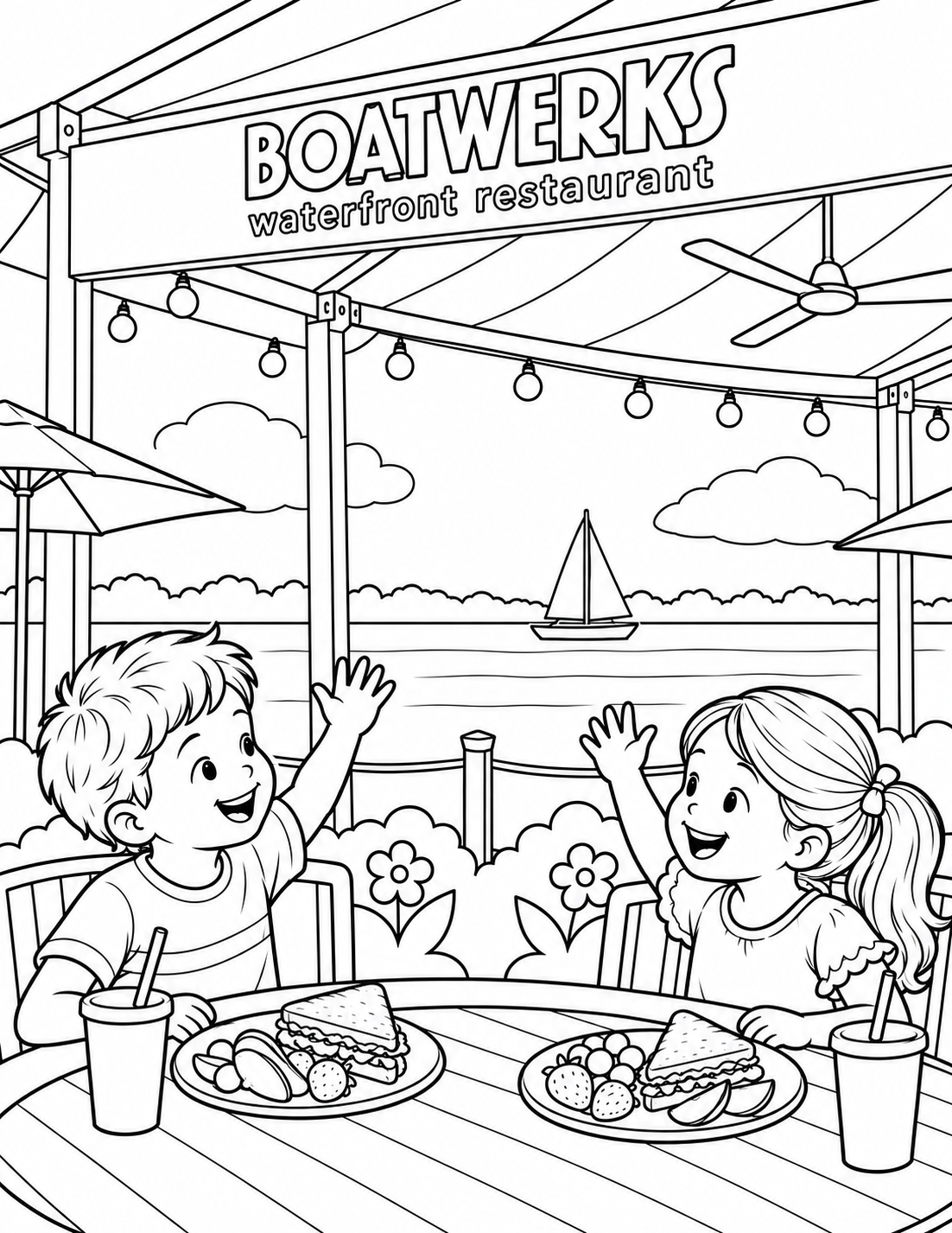 Two children wave during a waterfront lunch at Boatwerks.