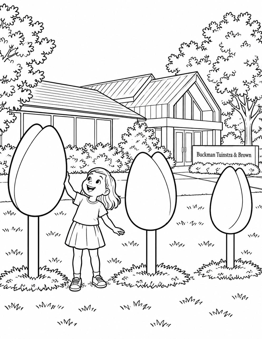 A child reaches toward one of three oversized tulip sculptures on the lawn outside Buckman Tuinstra & Brown.