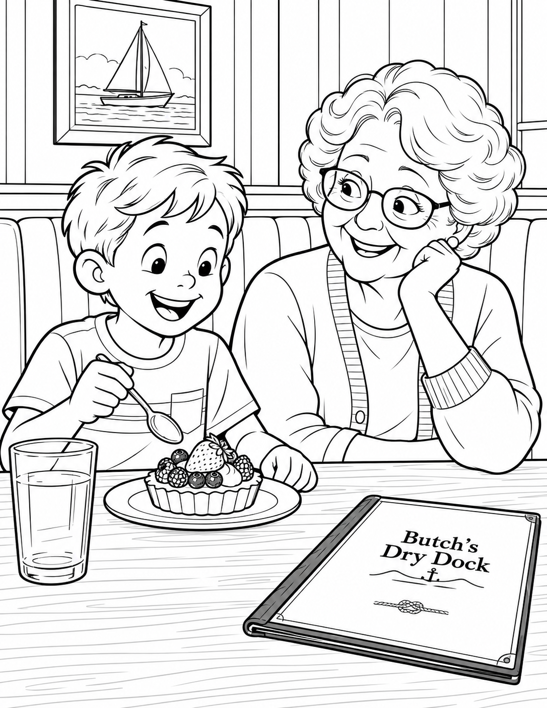 A boy and his grandmother share an anticipatory dessert moment in a restaurant booth beside a Butch’s Dry Dock menu.