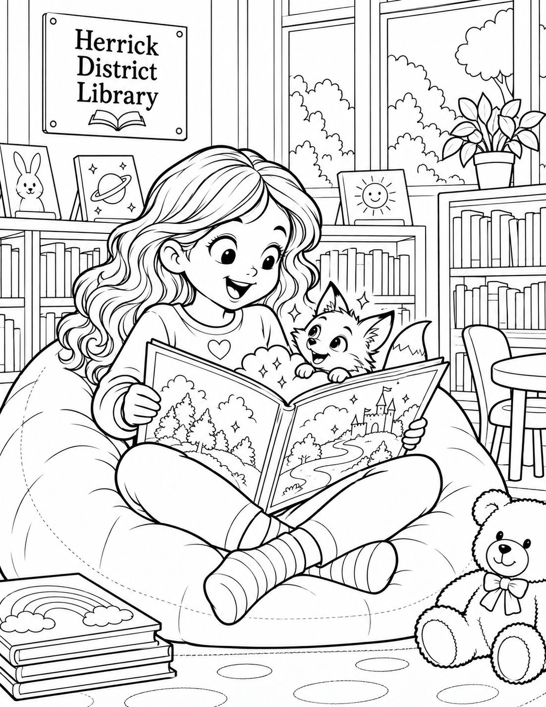 In the Main Library's children's area, a child opens an ordinary-sized picture book as a curious fox from the illustration peeks over the page edge and makes the child laugh.