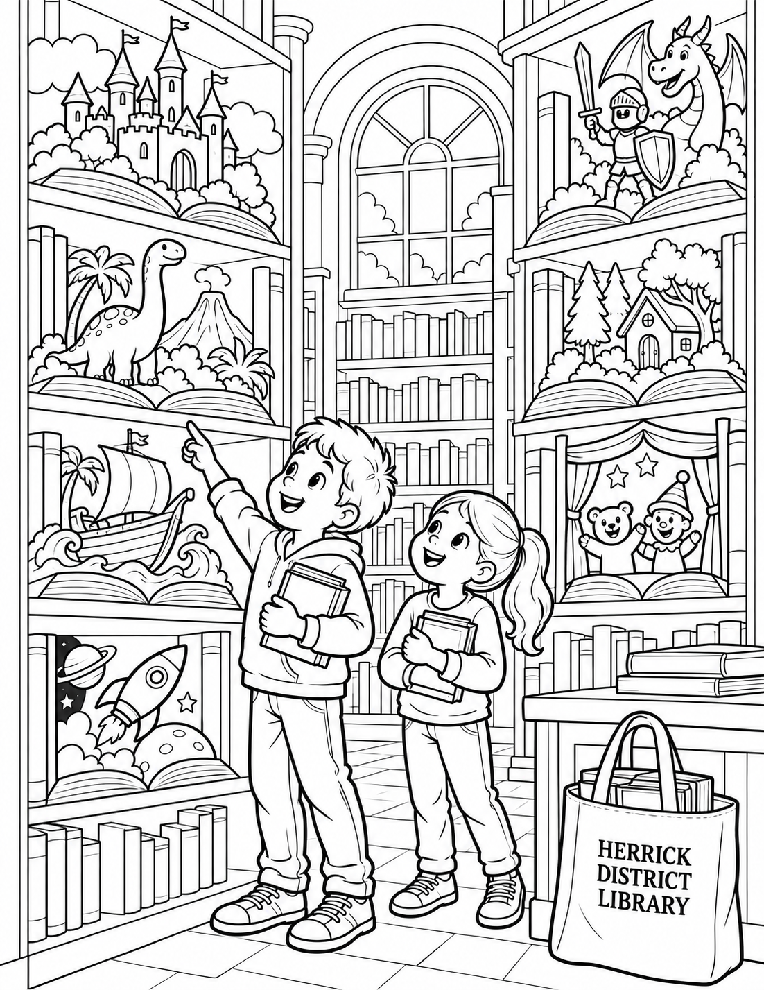 A vertical imagined library of tiny story worlds nested among shelves. varied worlds and clear architectural organization, no repeated whale motif.