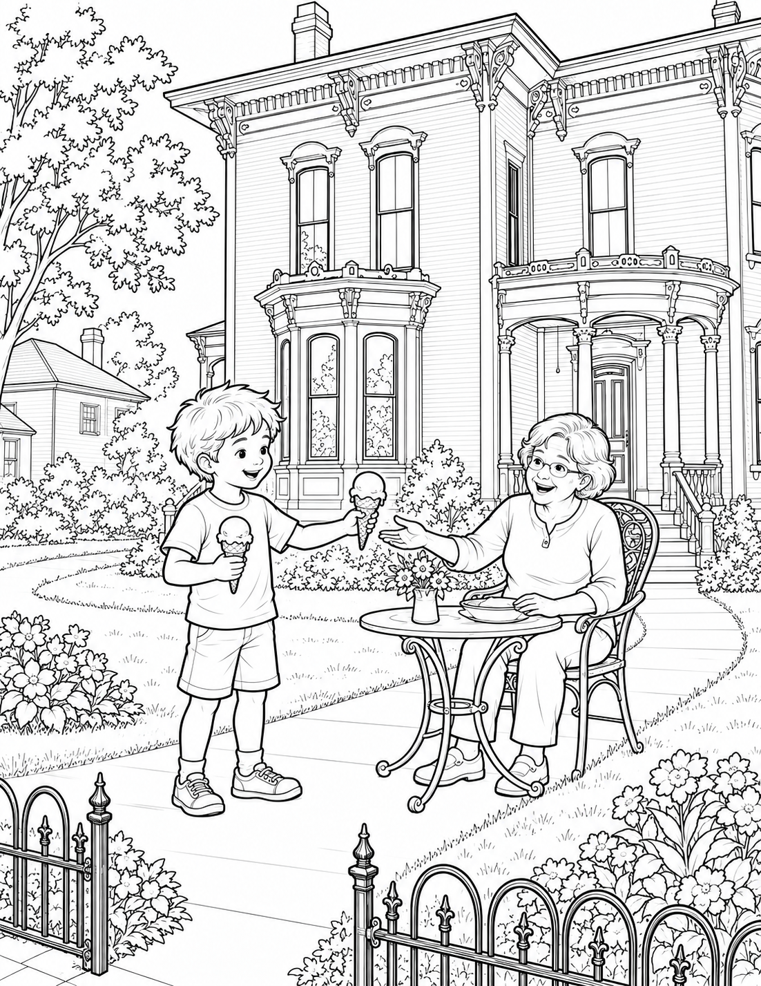 A boy offers an ice-cream cone to a seated older woman outside Cappon House.