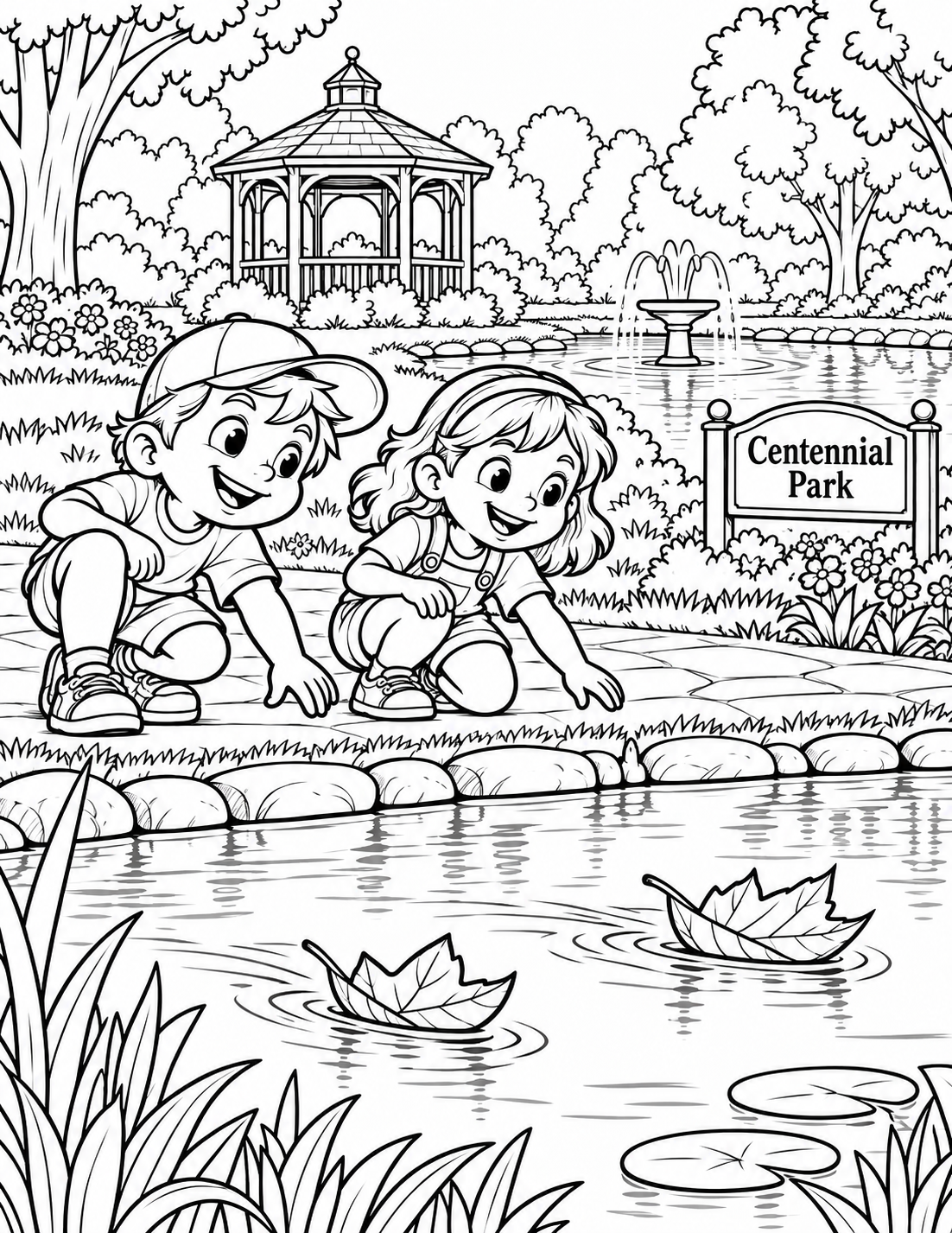At the Centennial Park pond, two children crouch safely on the path and race one broad fallen-leaf boat each across the water, with the gazebo and fountain behind them.