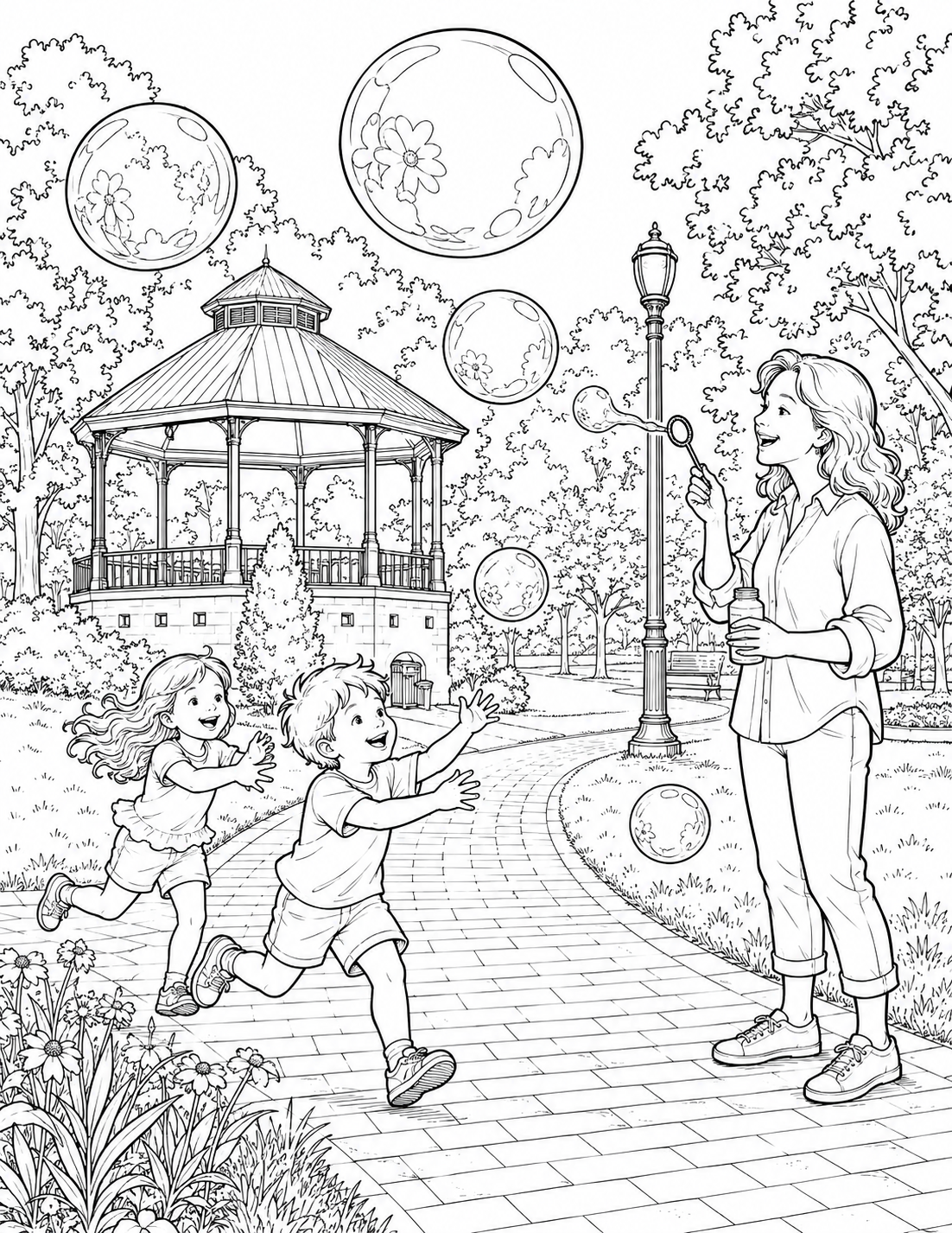 Children chase big soap bubbles beside Centennial Park’s gazebo.
