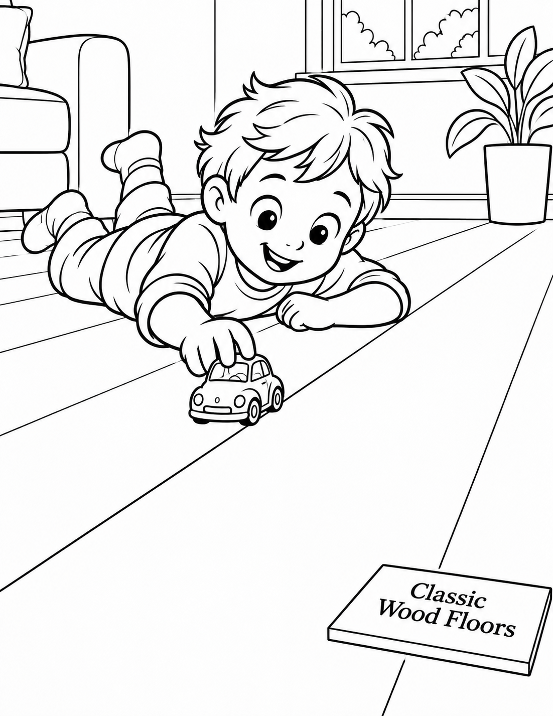 On a wide hardwood floor, a child lies on their stomach and guides one toy car along a clean plank seam as if the boards were a little road.