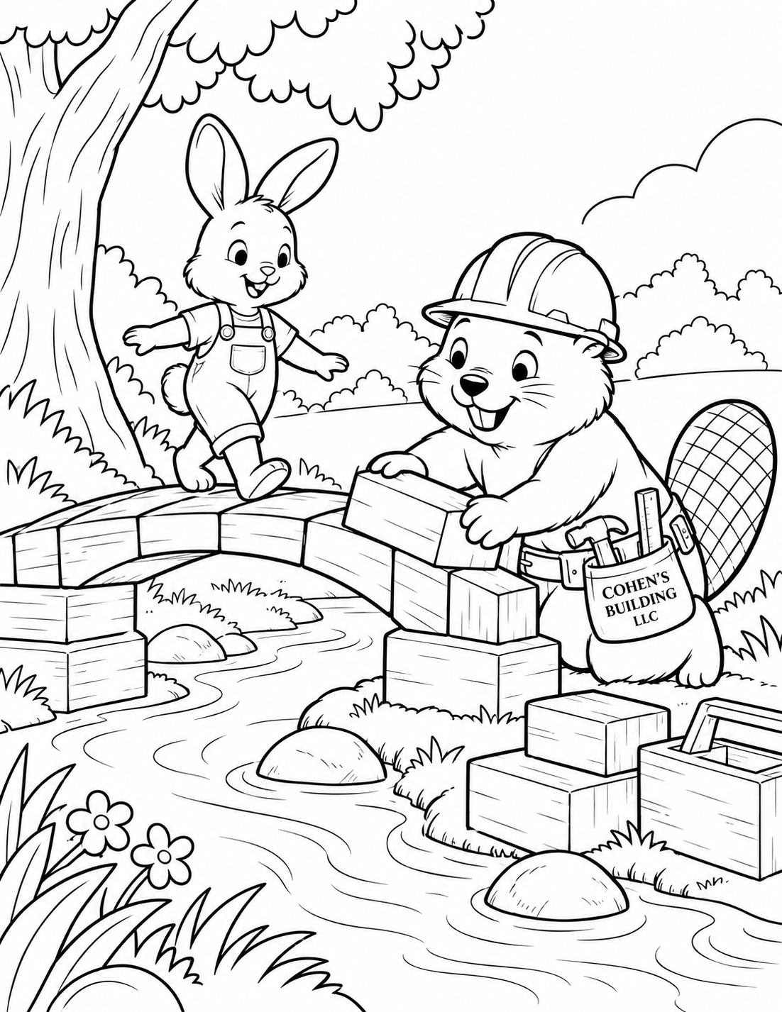 A storybook beaver builder helps a rabbit cross a little wooden bridge.