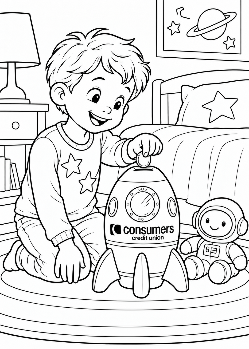 A child drops a coin into a rocket-shaped bank beside a plush astronaut.