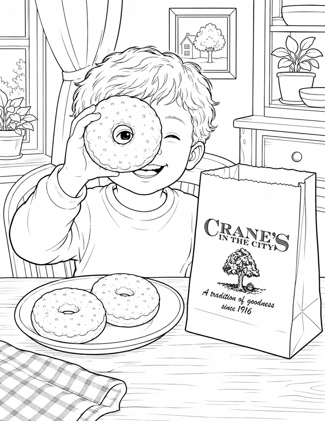A child peeks through a Crane’s doughnut at the kitchen table.