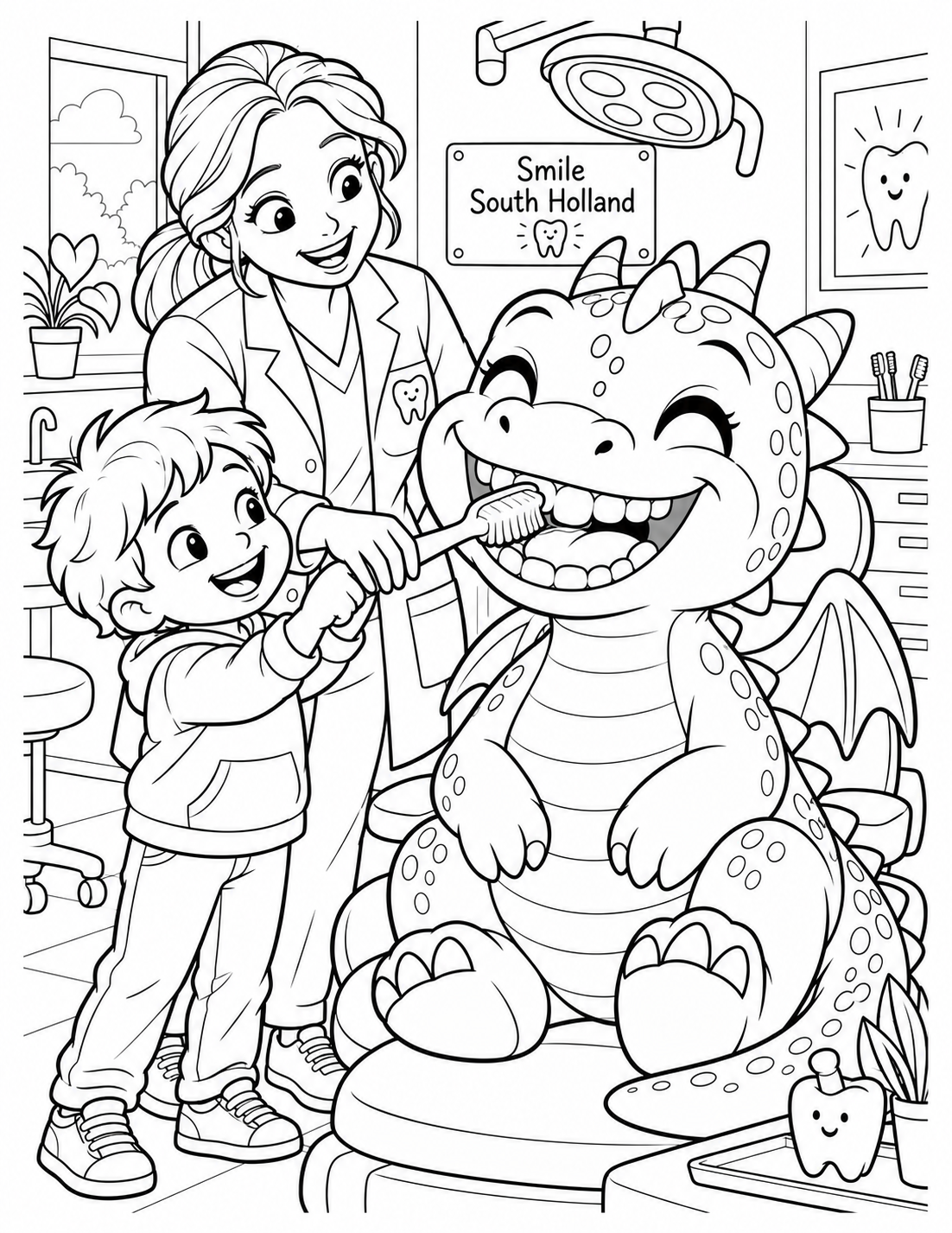 A child and pediatric dentist make a shy baby dragon laugh by brushing the dragon’s enormous friendly grin with an oversized soft toothbrush.
