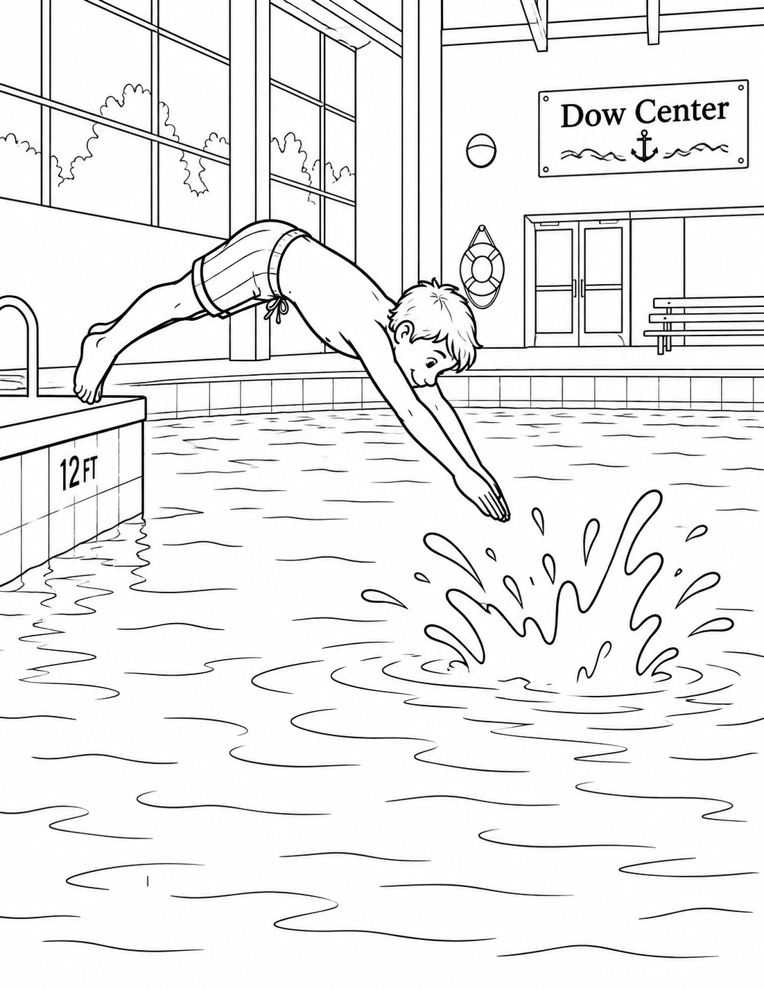 At the indoor pool's diving well, one child makes a simple, careful dive and a broad splash opens around the clear landing point.