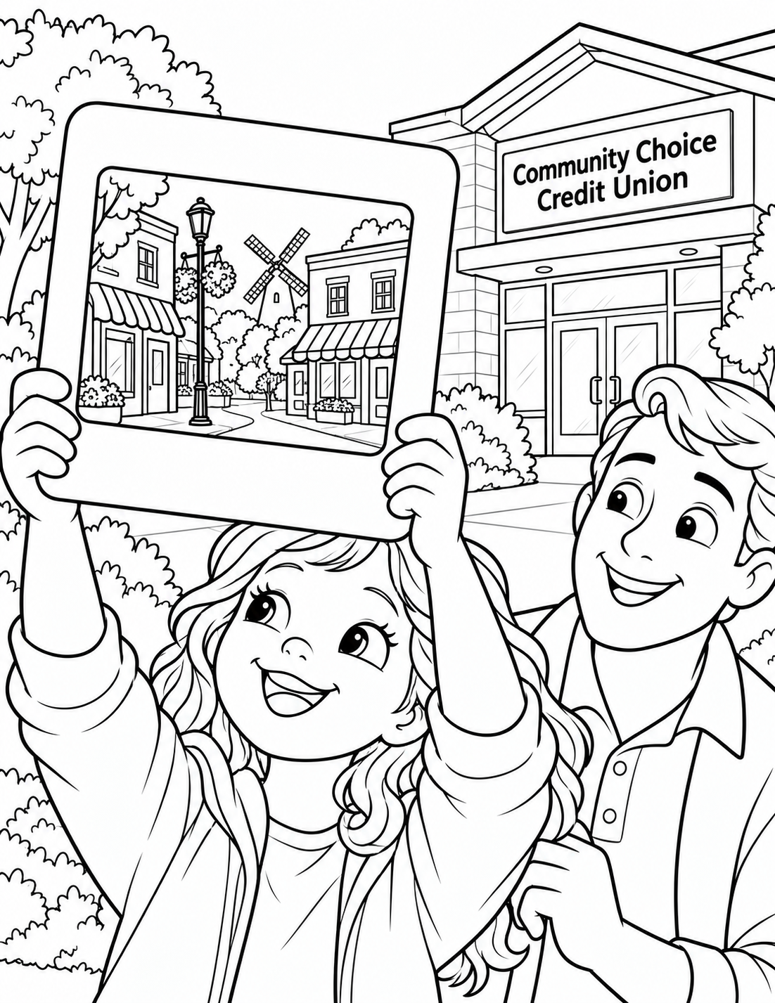 A teenager holds a plain debit card that has grown into a tall window; through it, the teen and parent discover a tiny, welcoming Holland street.