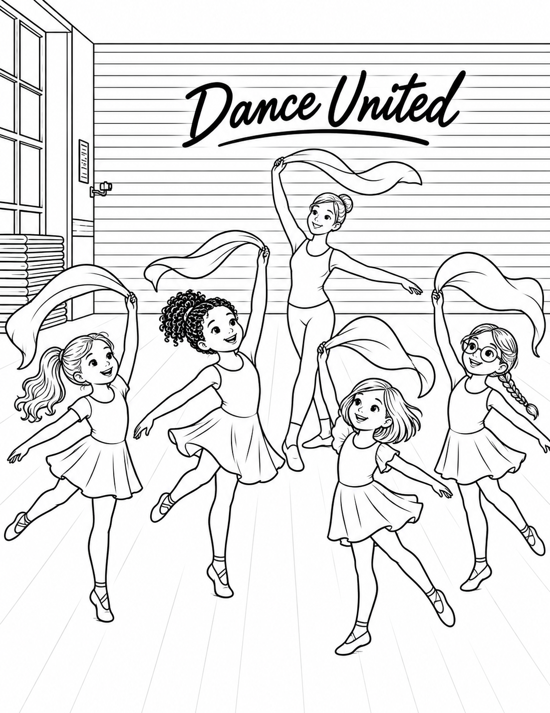 Four girls follow their instructor through a flowing scarf dance.