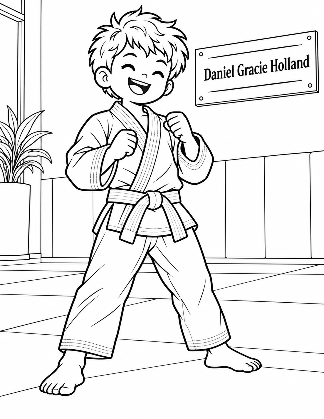 A young student in a jiu-jitsu gi holds a steady, confident ready stance on the mat, framed as a clean solo portrait with the belt tied normally.