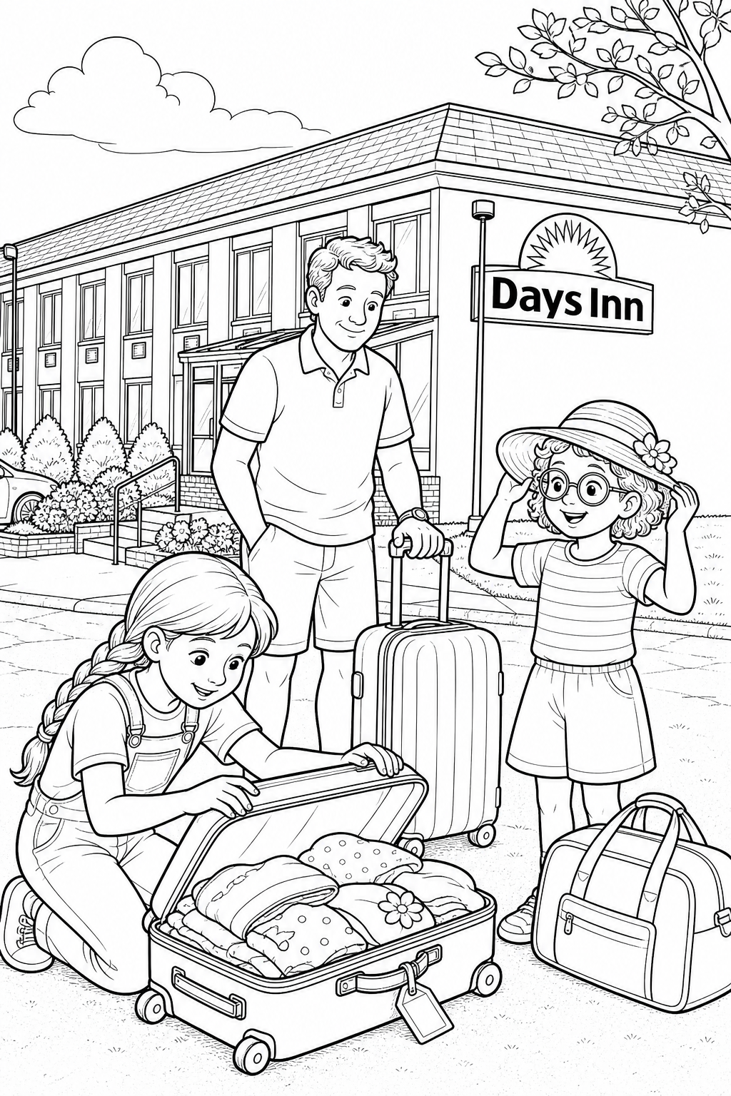 A family repacks a suitcase full of hats outside Days Inn.