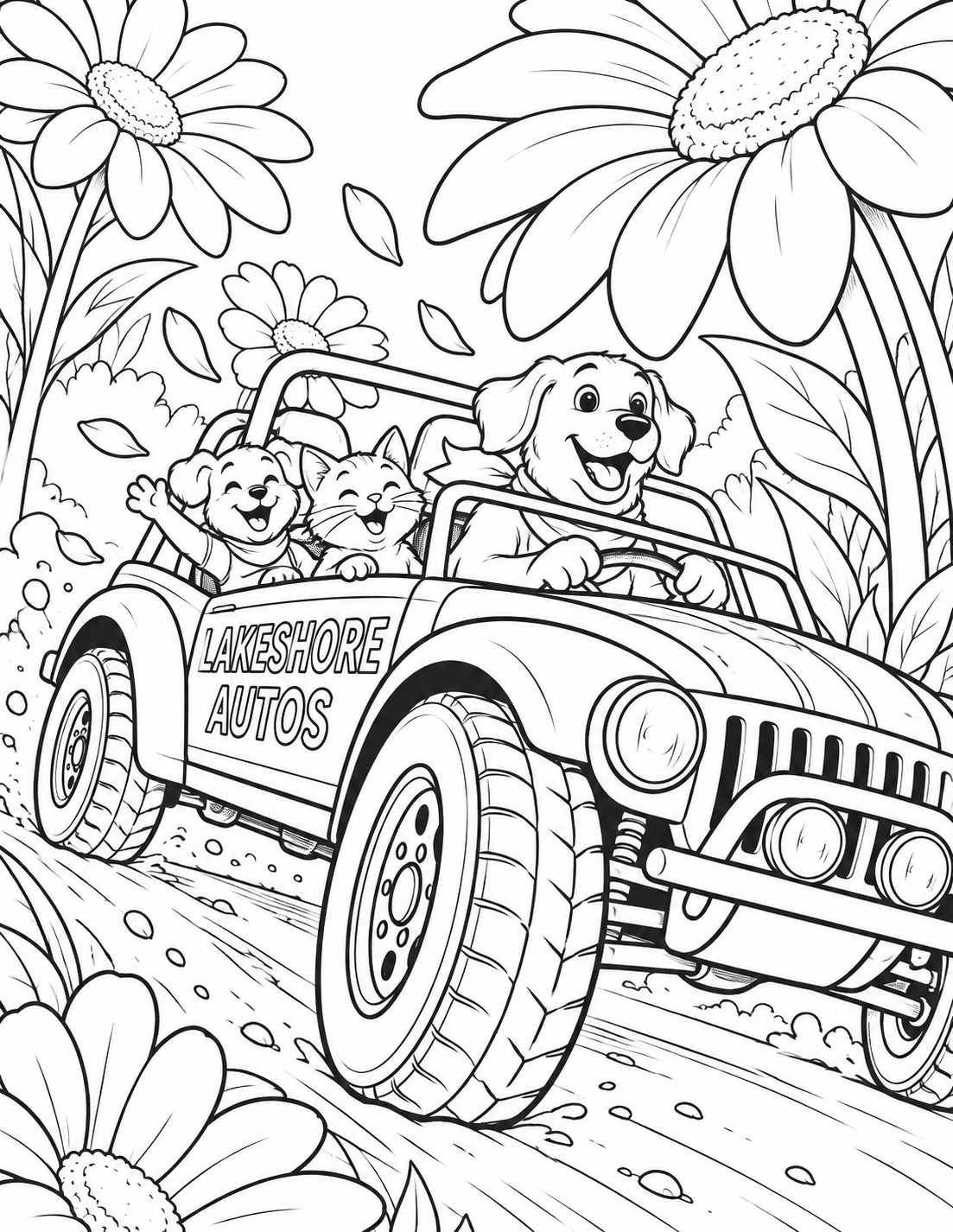 An animal family launches into a sharp rally turn through flowers taller than the car.