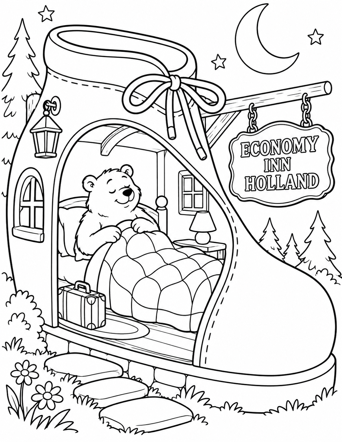 A sleepy bear arrives at a cozy inn shaped like an enormous bedroom slipper.