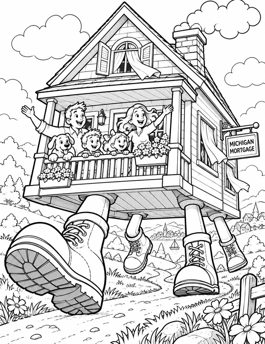A cheerful cottage strides across the landscape on four sturdy booted legs while a family rides on its porch.