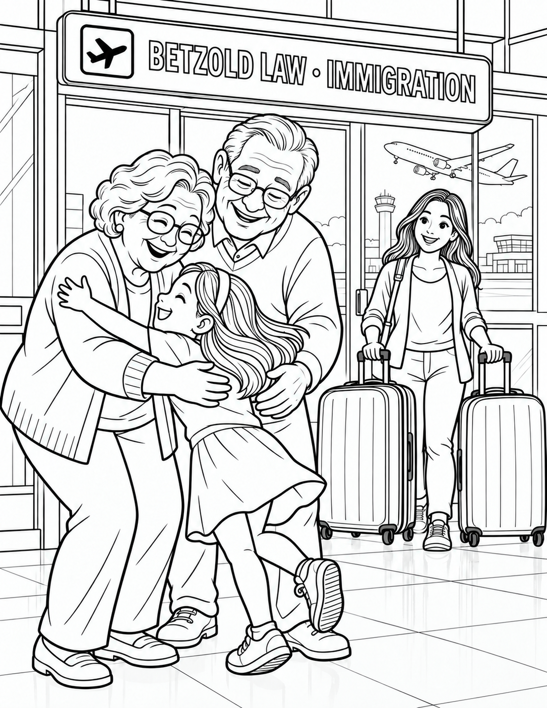 A child reaches two arriving grandparents for a joyful airport reunion while a parent follows with the family luggage.