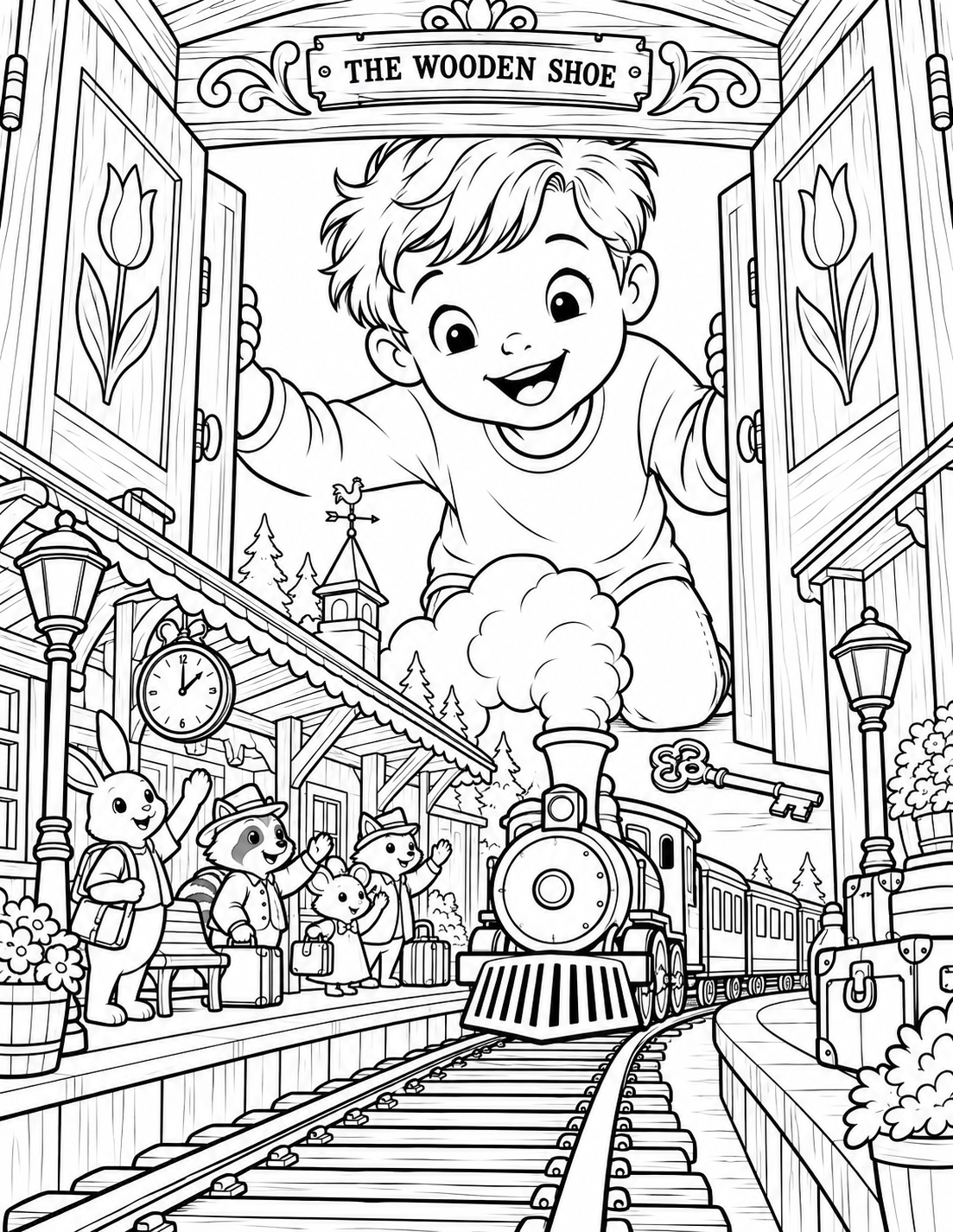 A child opens an antique wardrobe and discovers a miniature train station bustling inside.