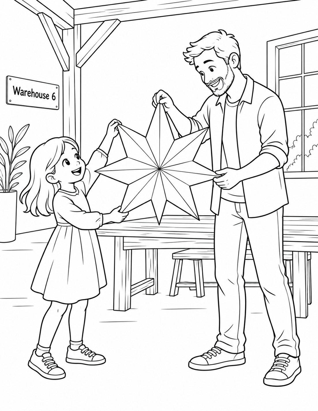 At an imagined Warehouse 6 celebration setup, a child and adult unfold one oversized paper star together in the venue's airy industrial room.