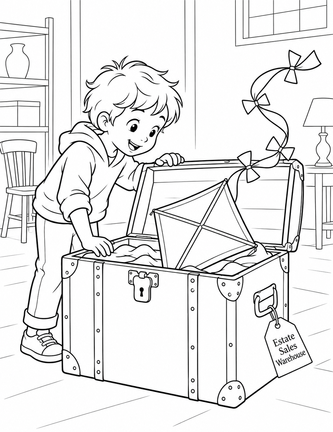 At the Holland resale warehouse, a child opens a sturdy vintage trunk and discovers a colorful kite tucked inside, its paper tail unfurling above the open lid.