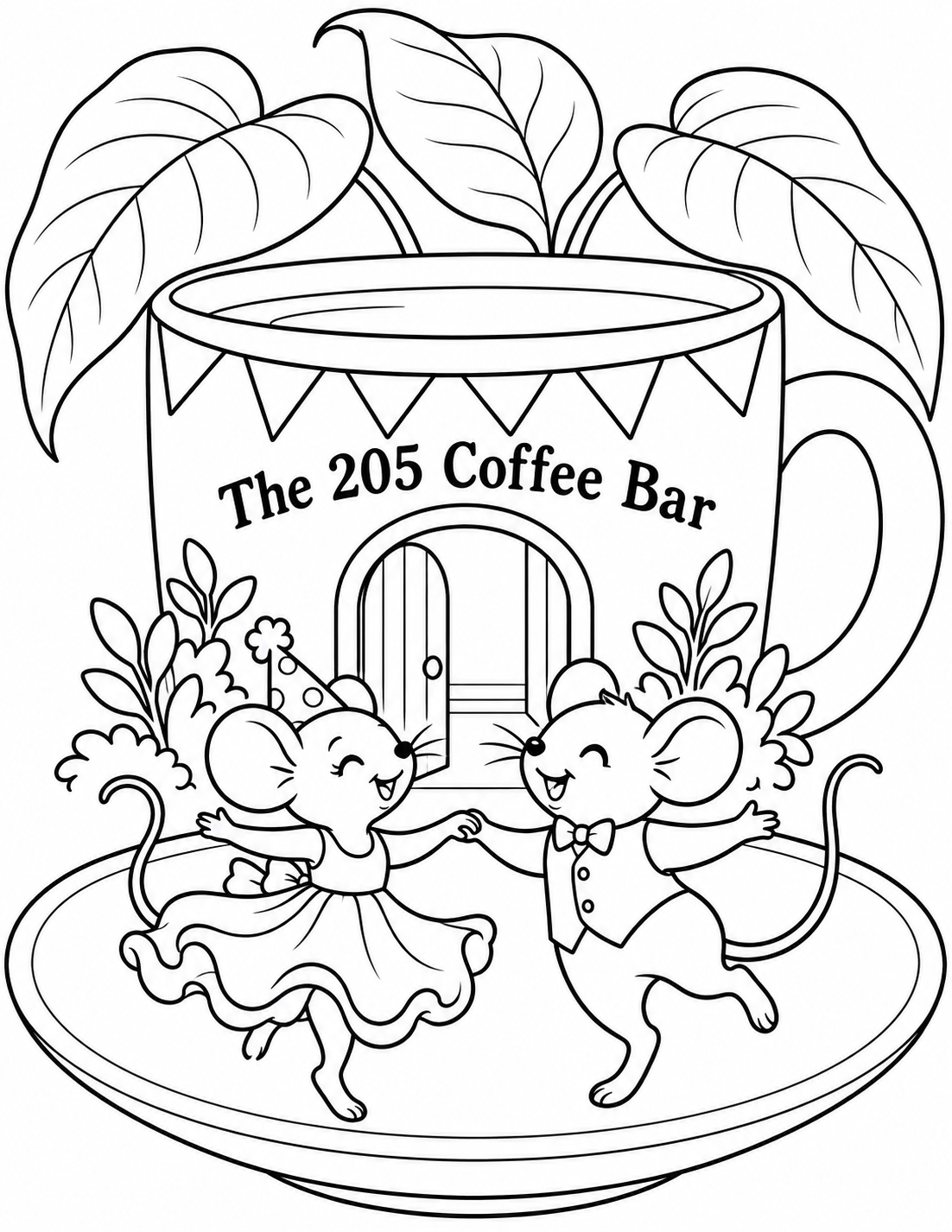 Two dressed-up mice dance on the saucer outside a giant coffee-cup celebration pavilion, beneath broad botanical leaves.