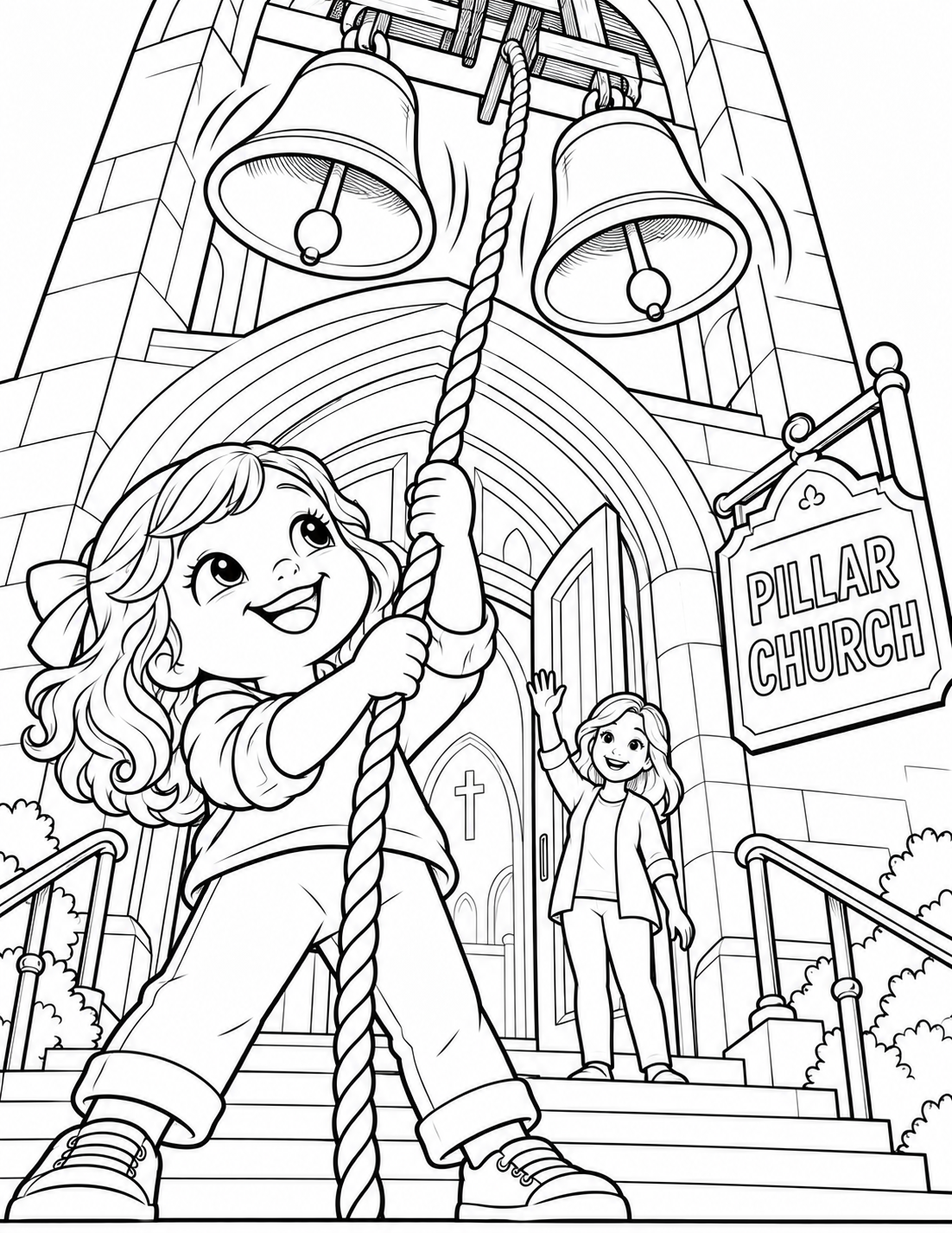 Children team up on an enormous bell rope in a lively church adventure.