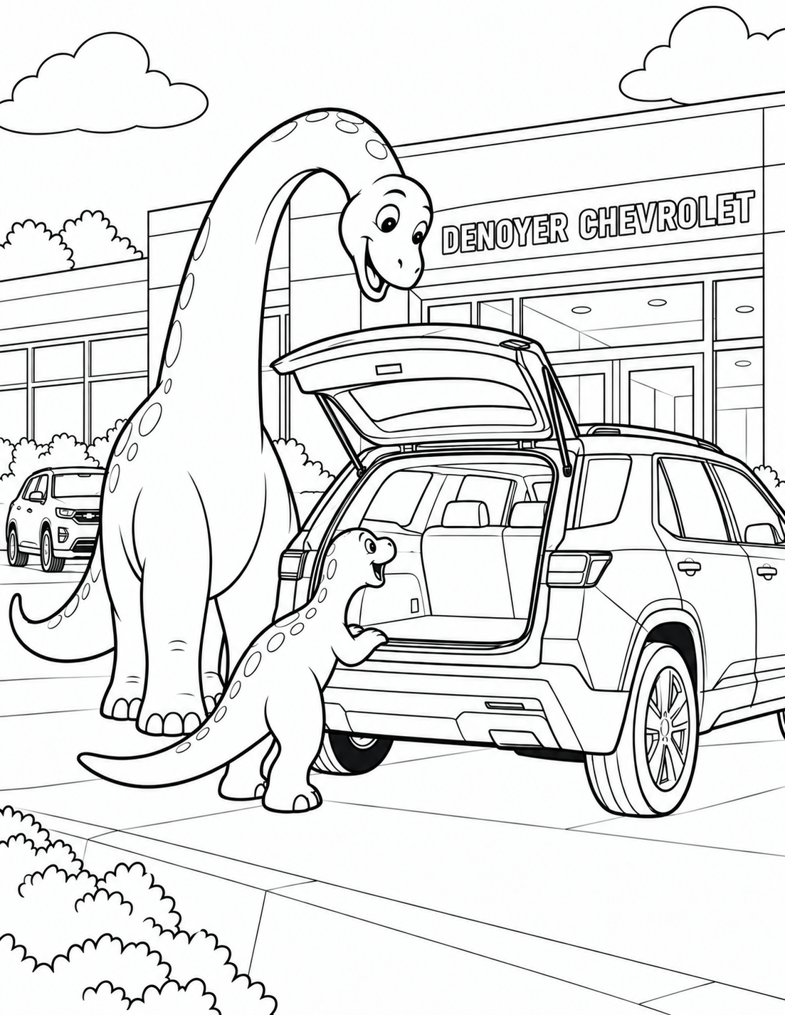 A friendly dinosaur parent and youngster arrive on foot to choose a roomy adventure vehicle.