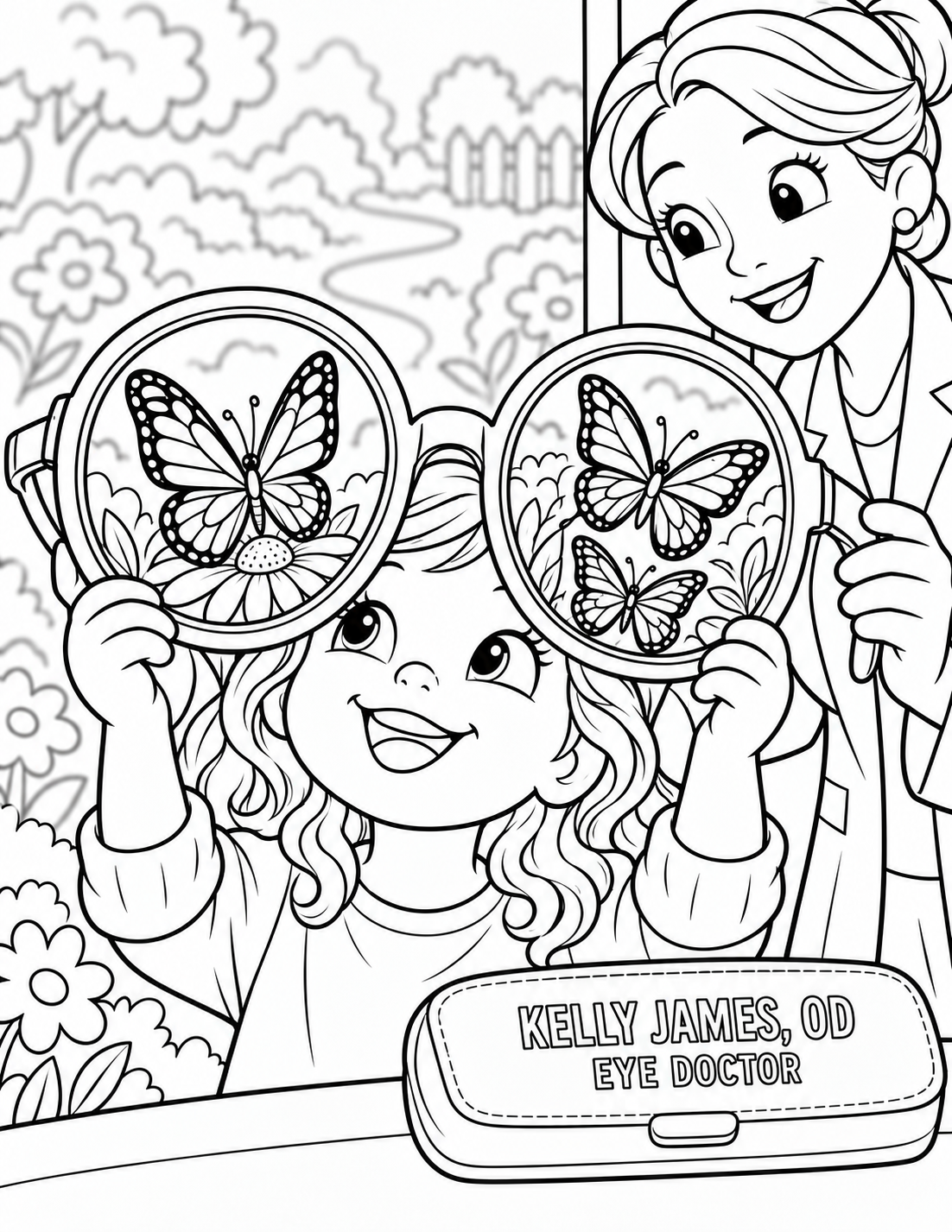 A child looks through enormous glasses and discovers a world of butterflies.