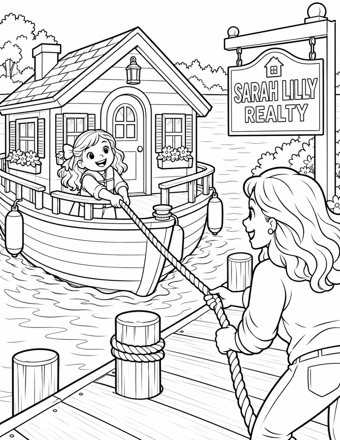 A family steers a whimsical houseboat through a breezy waterway.