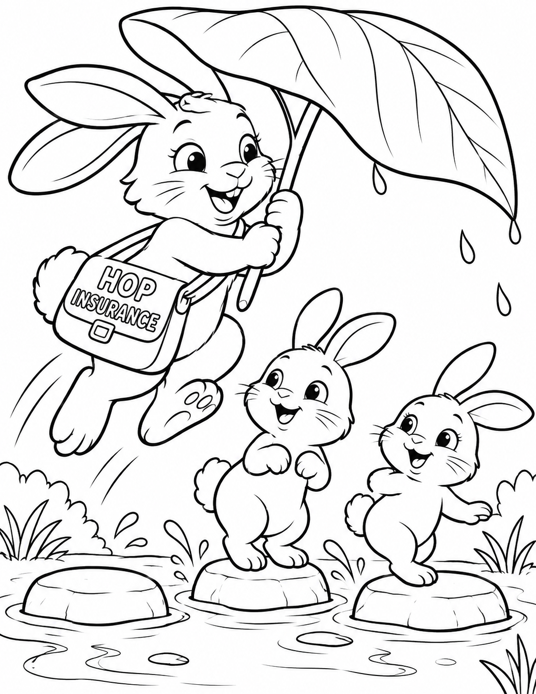 Children hold a giant leaf roof over a rabbit family during a shower.