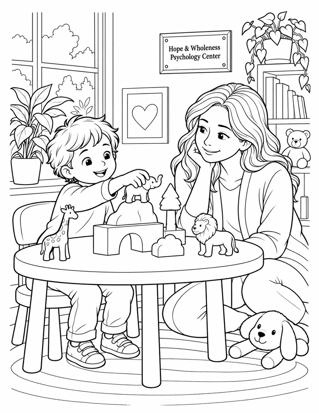 At a calm play-therapy table, a child chooses where to place a small animal figure in a simple story scene while a therapist listens at the child’s level.