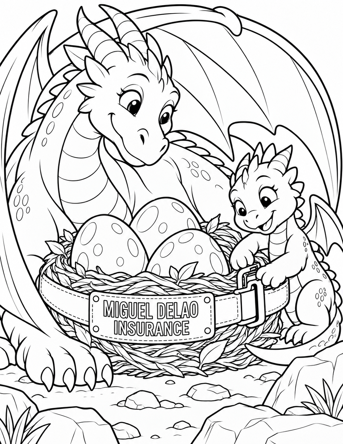 A friendly dragon shelters its nest while a child secures the tiny home below.