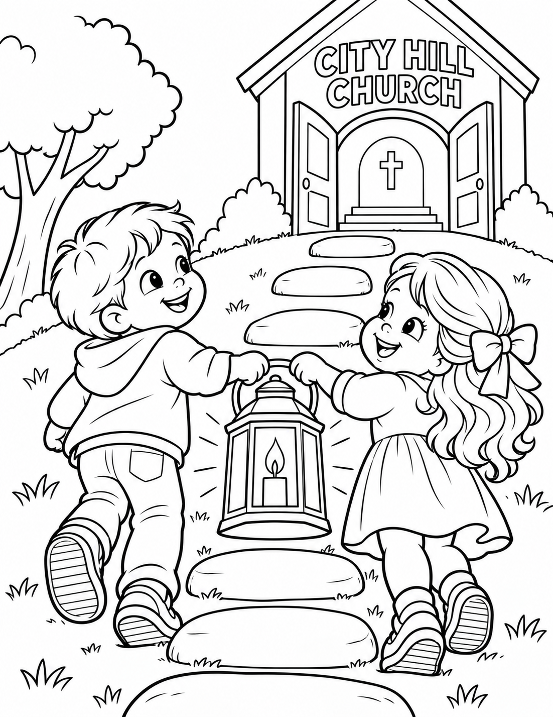 Children carry a glowing lantern up a simple hill path together.