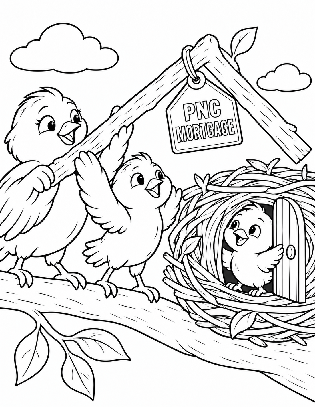 Children help birds place a sturdy roof over a house-shaped nest.