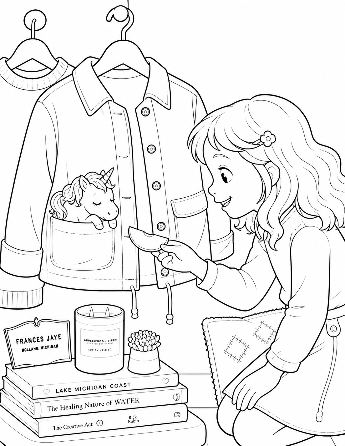 A child discovers a tiny unicorn resting in a jacket pocket at Frances Jaye.