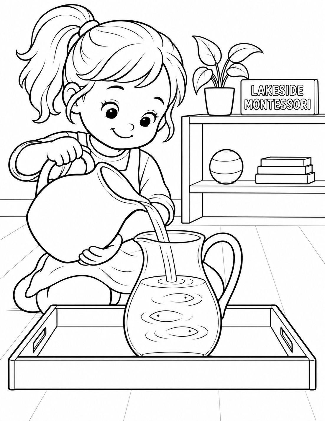 A preschooler pours water between two broad pitchers on a low Montessori work tray as three large ripples become simple fish shapes. An imagined page grounded in Lakeside Montessori's preschool work.