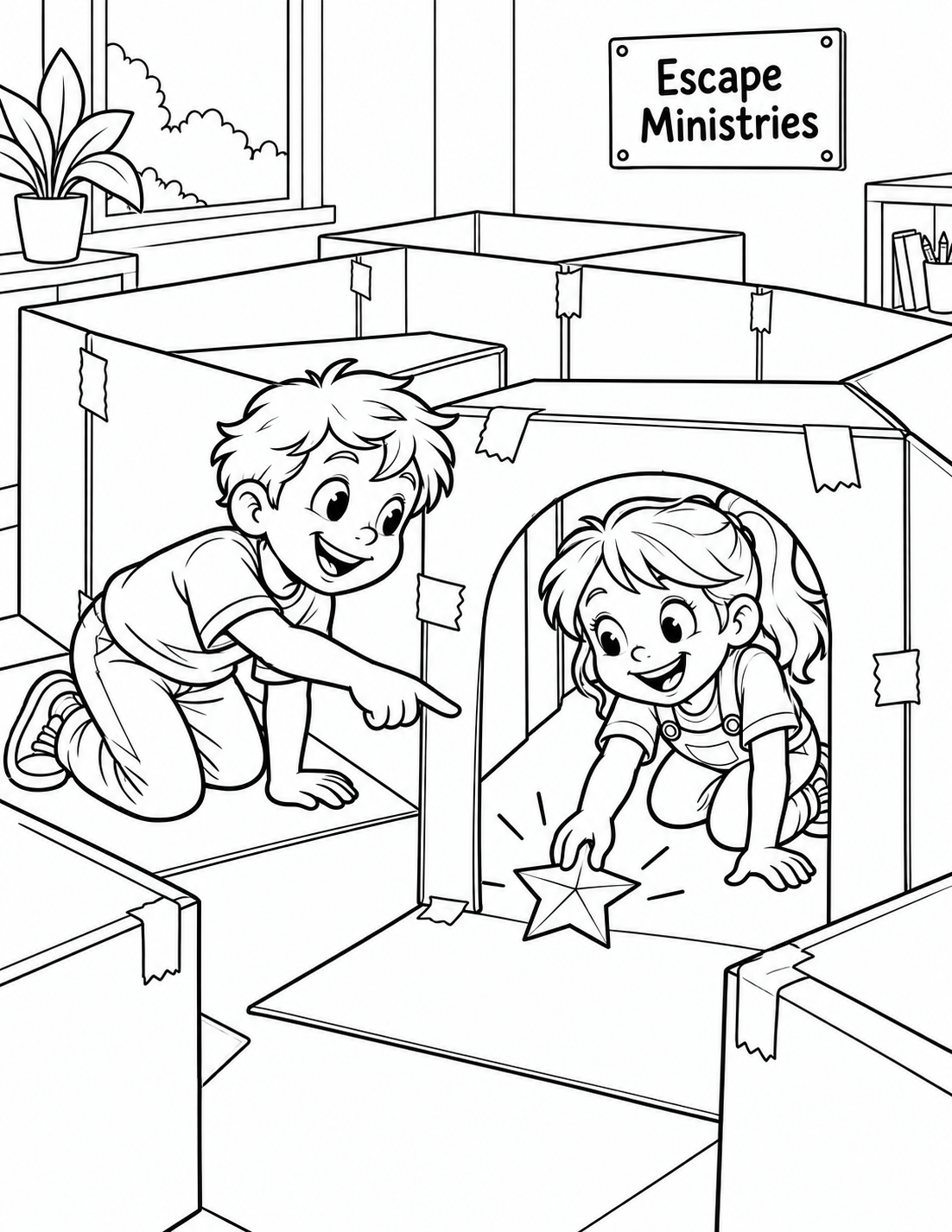 Two young people cooperate inside a small cardboard adventure maze made from a few broad open boxes; one guides the other toward a playful exit.