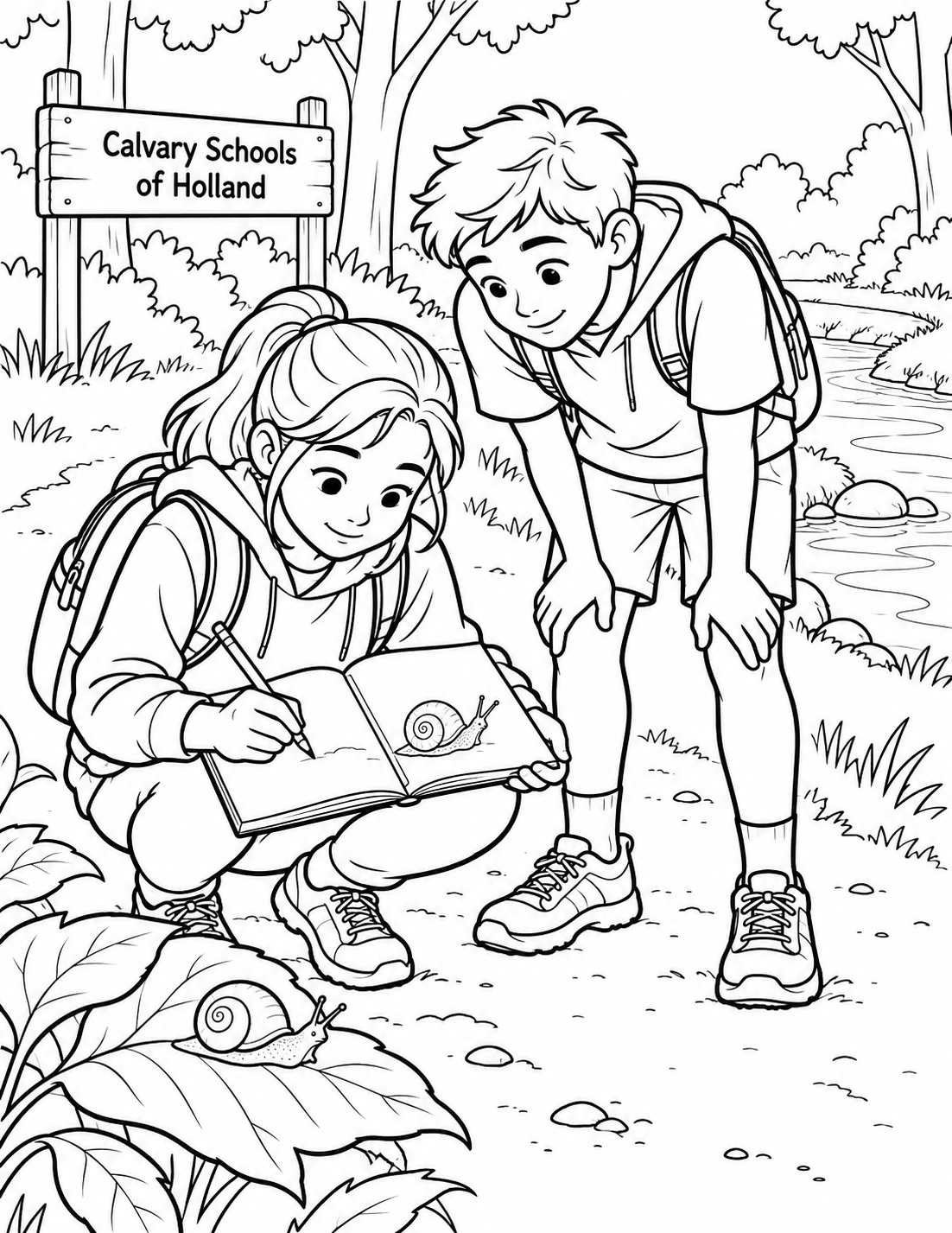 On Calvary's Laketown campus nature trail, a middle-school student sketches a curled-shell snail in a journal while a classmate leans close to see it.