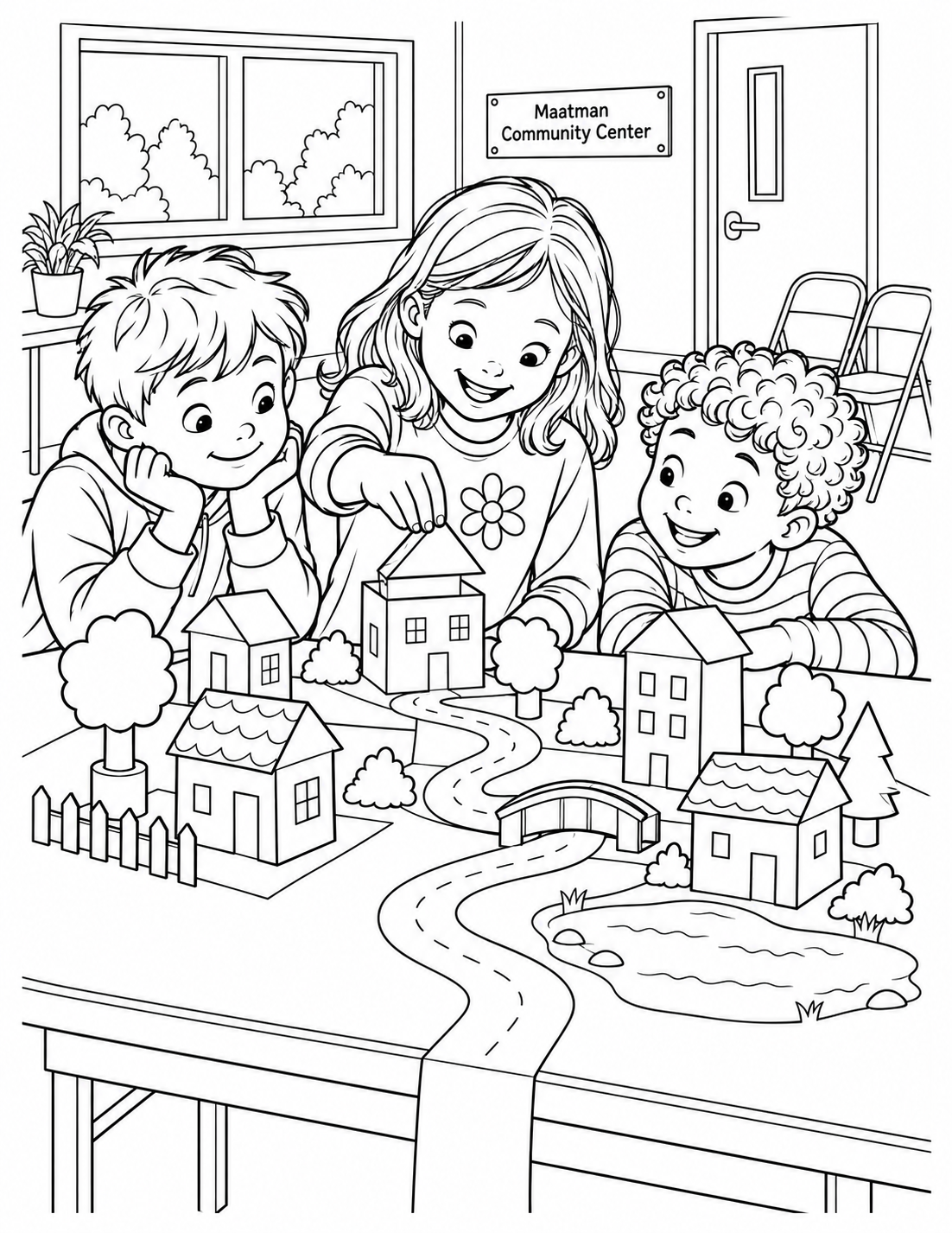 A child sets the final cardboard roof onto a handmade town whose paper road snakes from the table edge toward tiny houses, as two friends follow it with their eyes.