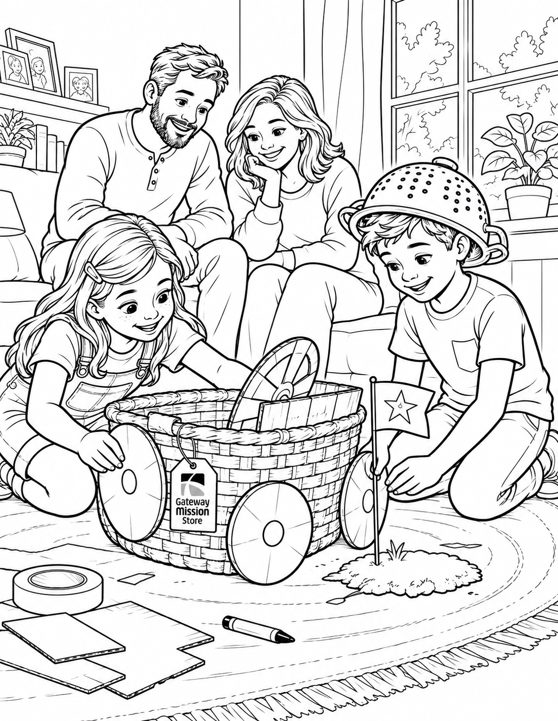A family turns a secondhand basket into a pretend moon rover.