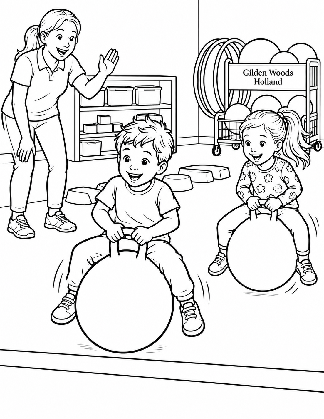 Two children bounce toward a floor line while a teacher cheers them on.